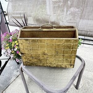 Vintage Brass Clad Magazine Rack Faux Bois Hollywood Regency MCM English